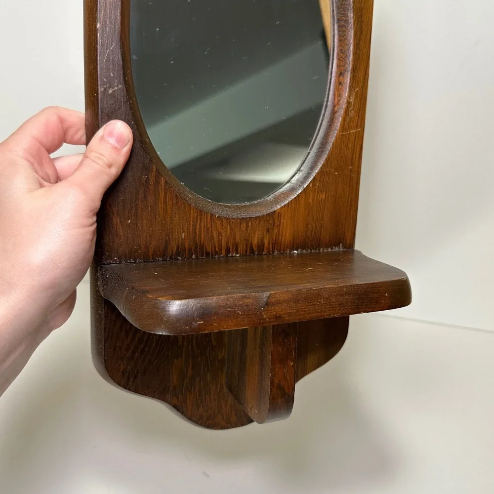 Vintage Wood Wall Mirror with Shelf Arched Dark Brown Rustic Entryway Decor